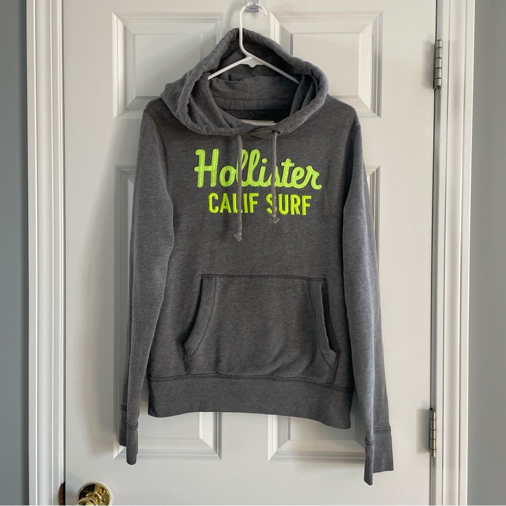 Y2K Hollister Hoodie Sweatshirt Mens Large Spellout Surf Gray Embroidered